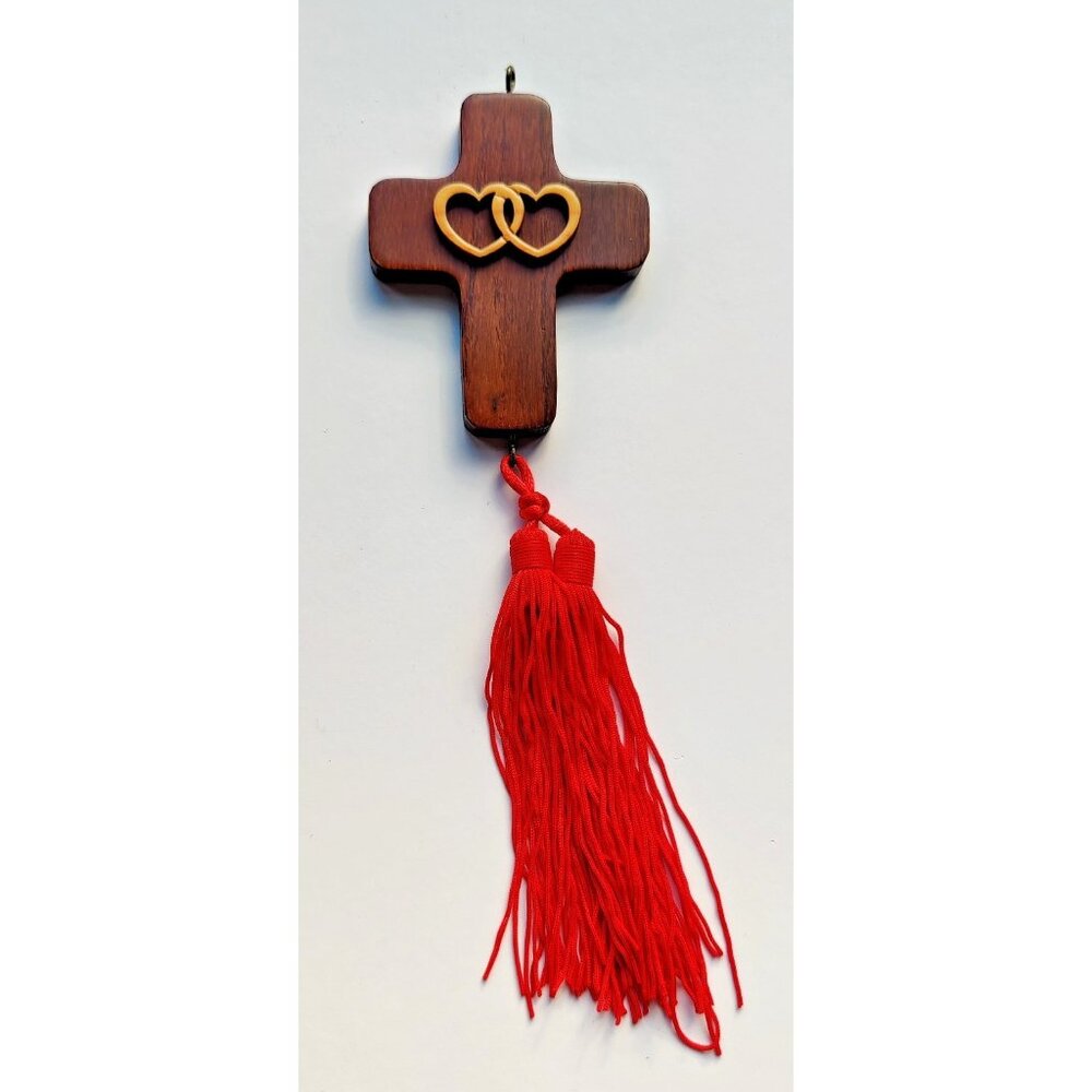 Wooden Cross LOVE ONE ANOTHER Chinese Writing Hearts Tassel Ornament Blessings